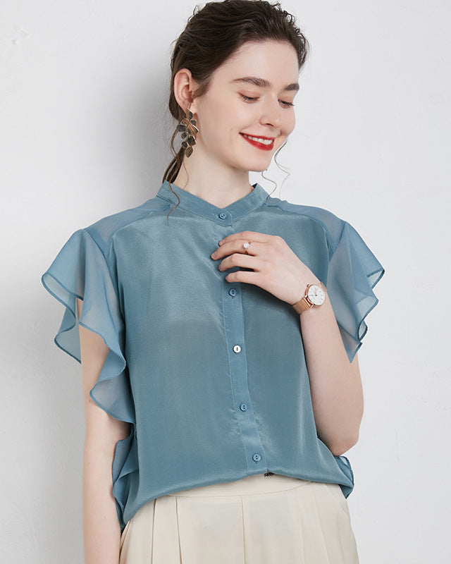 Elegant Ruffled Sleeve Silk Shirt