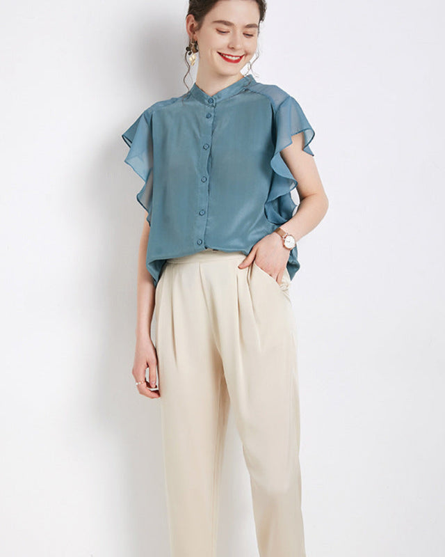 Elegant Ruffled Sleeve Silk Shirt