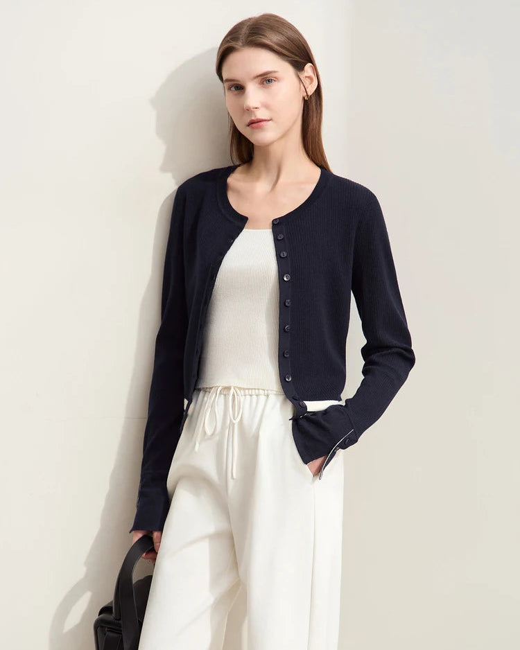 Wool Cropped Crew Neck Striped Sweater