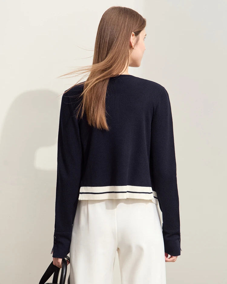 Wool Cropped Crew Neck Striped Sweater