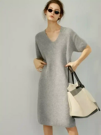 V-Neck Short-Sleeved Cashmere Wool Knitted Dress