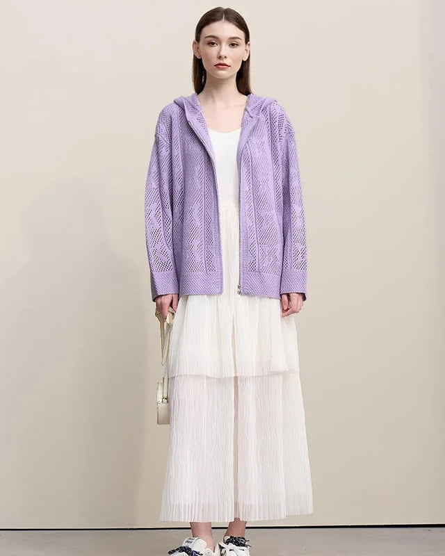 New Hooded Openwork Jacquard Knit Cardigan