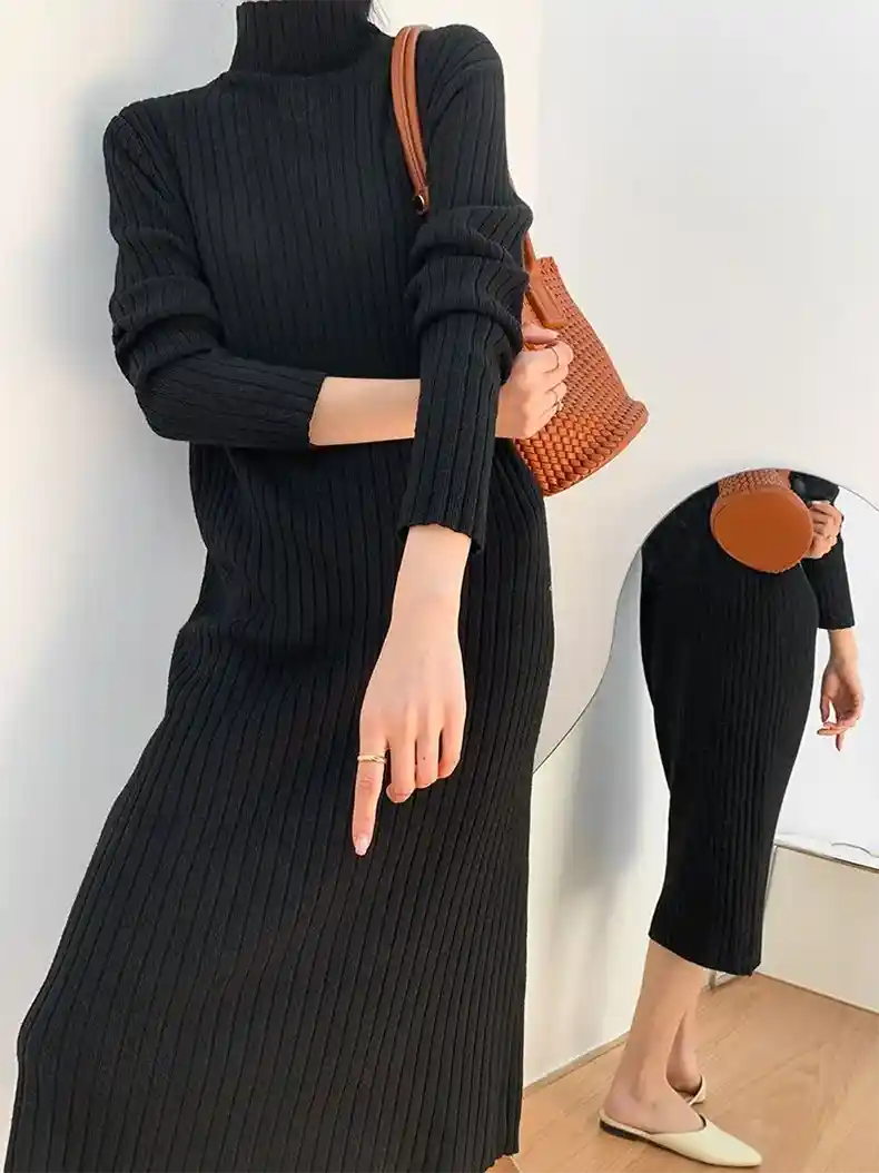 Long Sleeved Ribbed Knitted Turtleneck Sweater Dress