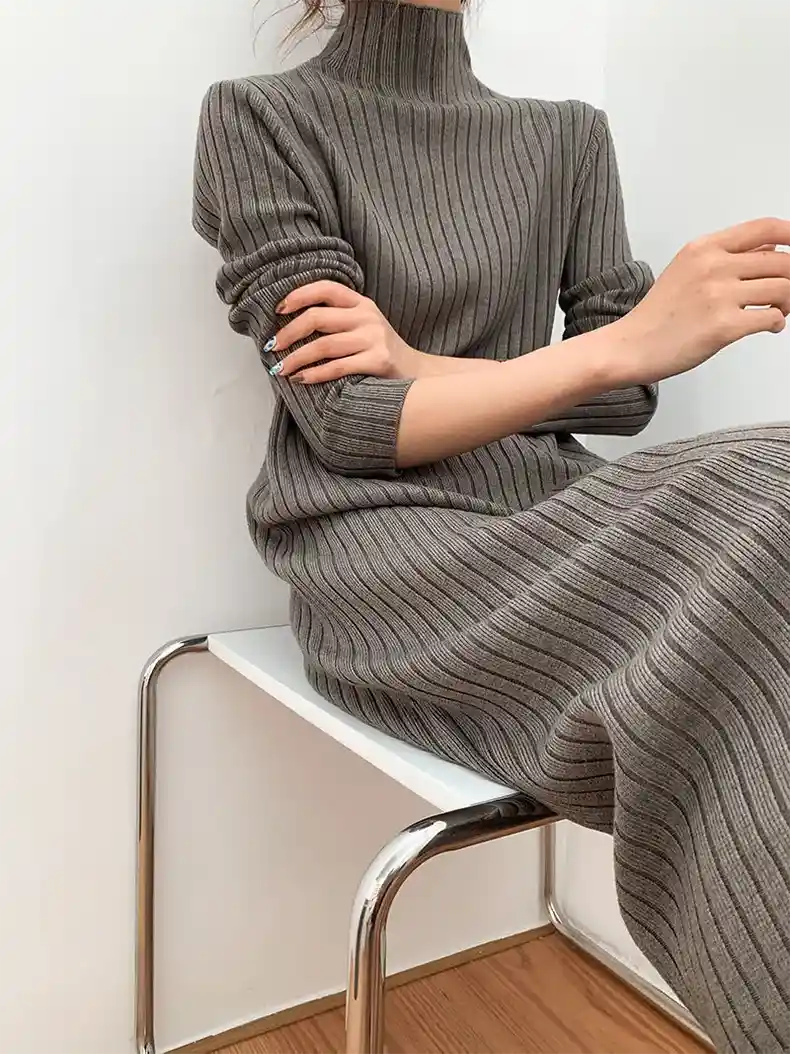 Long Sleeved Ribbed Knitted Turtleneck Sweater Dress