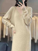 Pure Wool V-Neck Long-Sleeved Dress