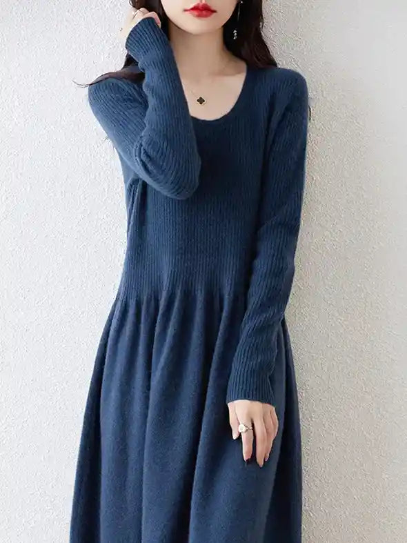 Round Neck Long Sleeves 100% Wool Knitted Dress