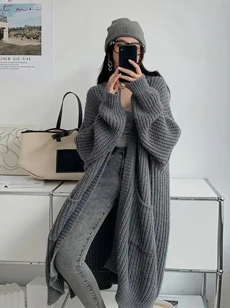 Slouchy Long Ribbed Cardigan With Pockets