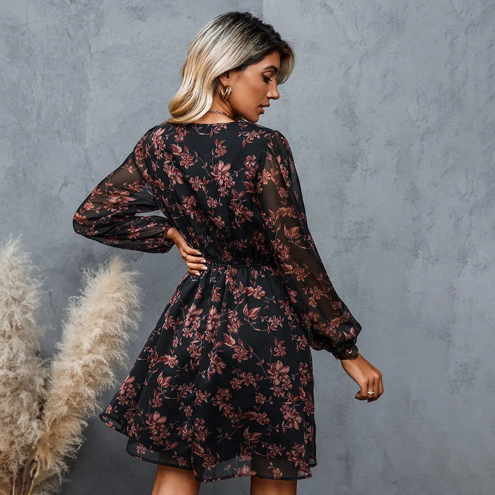 Floral Chiffon Long Sleeve V-neck Mini Dress