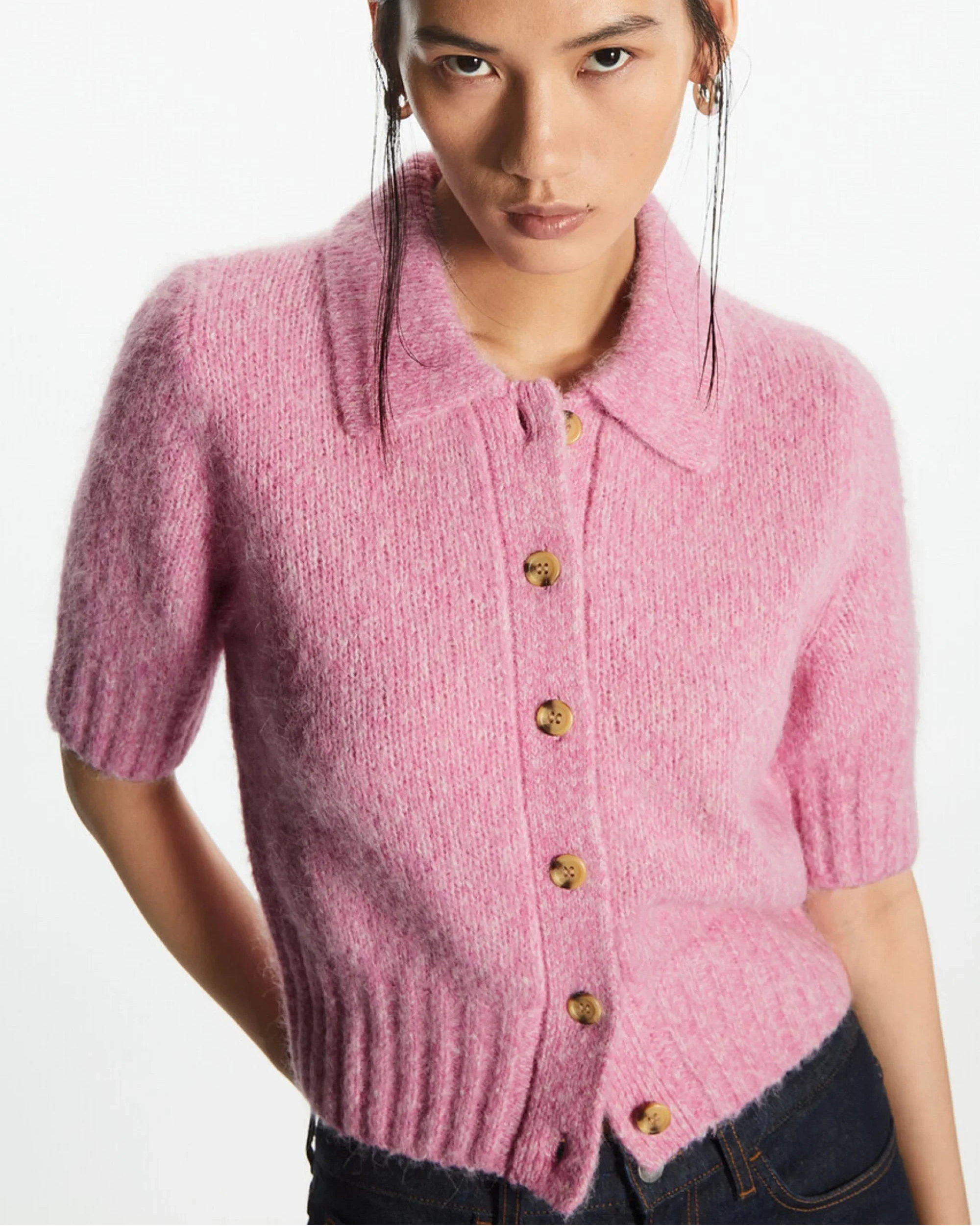 Casual Wool Blend Short-Sleeved Cardigan Sweater
