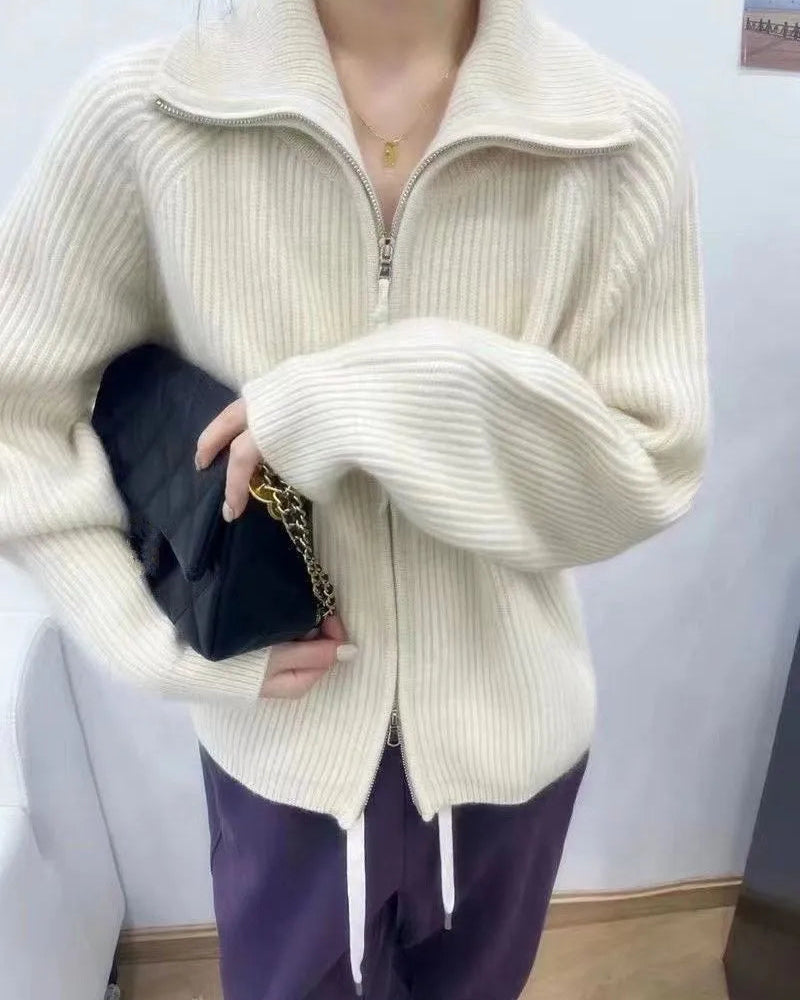 Collared Wool Zip-Up Cardigan Sweater