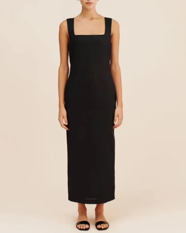 Cotton And Linen Square Neck Wide Shoulder Strap Dress