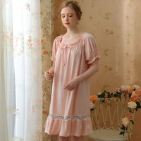 Cotton Short Sleeves Lace Nightdress