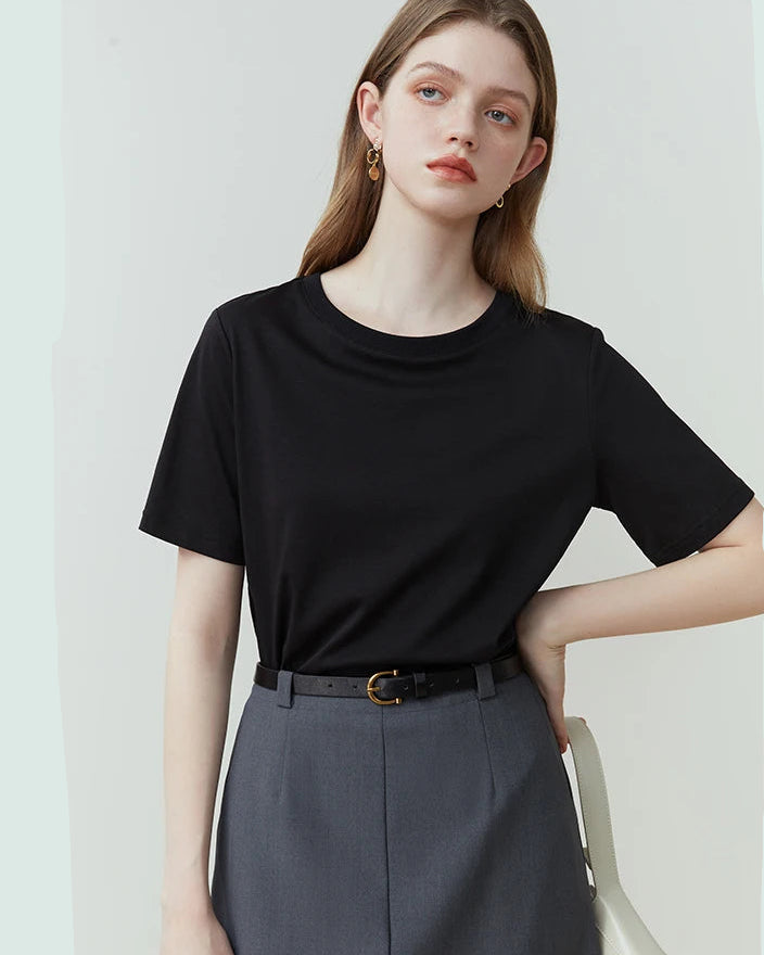 Crew Neck Straight Cut Pure Cotton Short-Sleeved T-Shirt