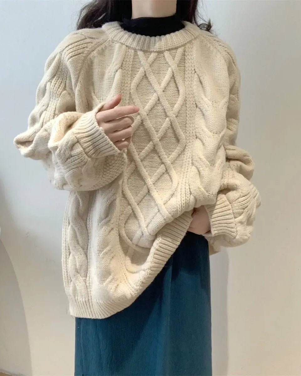 Diamond-Patterned Mid-Length Oversized Sweater
