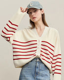 Women’s cotton V-neck contrast-stripes cardigan with drop-shoulder sleeves—casual knitwear for spring days, office smart-casual or weekend layering .
