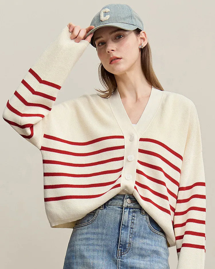 Dropped-Shoulder V-Neck Striped Cardigan Sweater