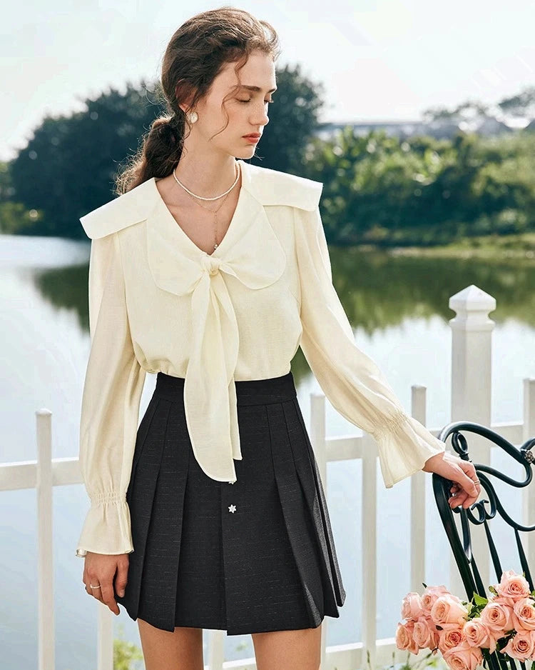 Elegant Lace V-Neck Bow Blouse