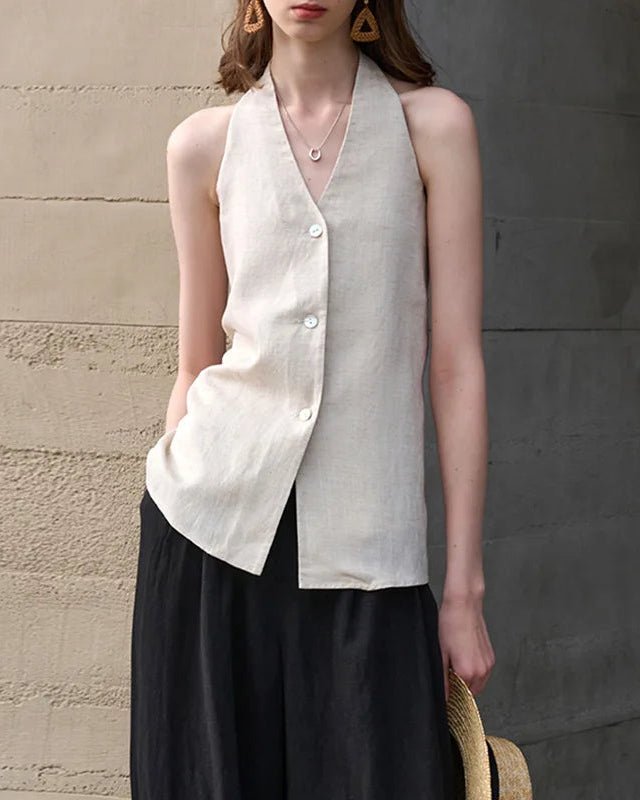 Elegant Linen V-Neck Backless Sleeveless Vest