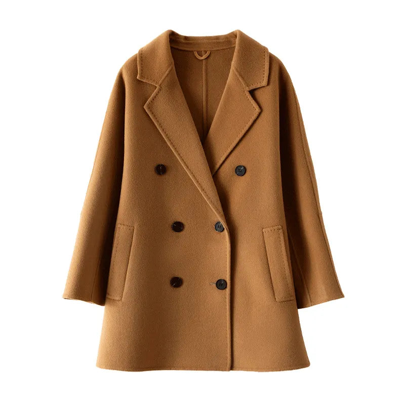 Notch Lapel Collar Double-Breasted Short Wool Coat