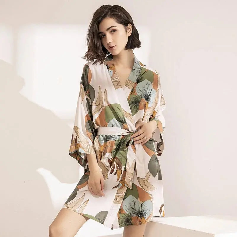 Silk Satin Floral Printed Nightgown Robe