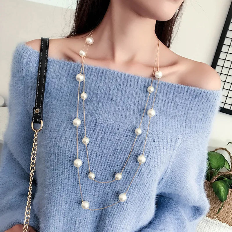 Double Layer Pearl Necklace SweaterChain