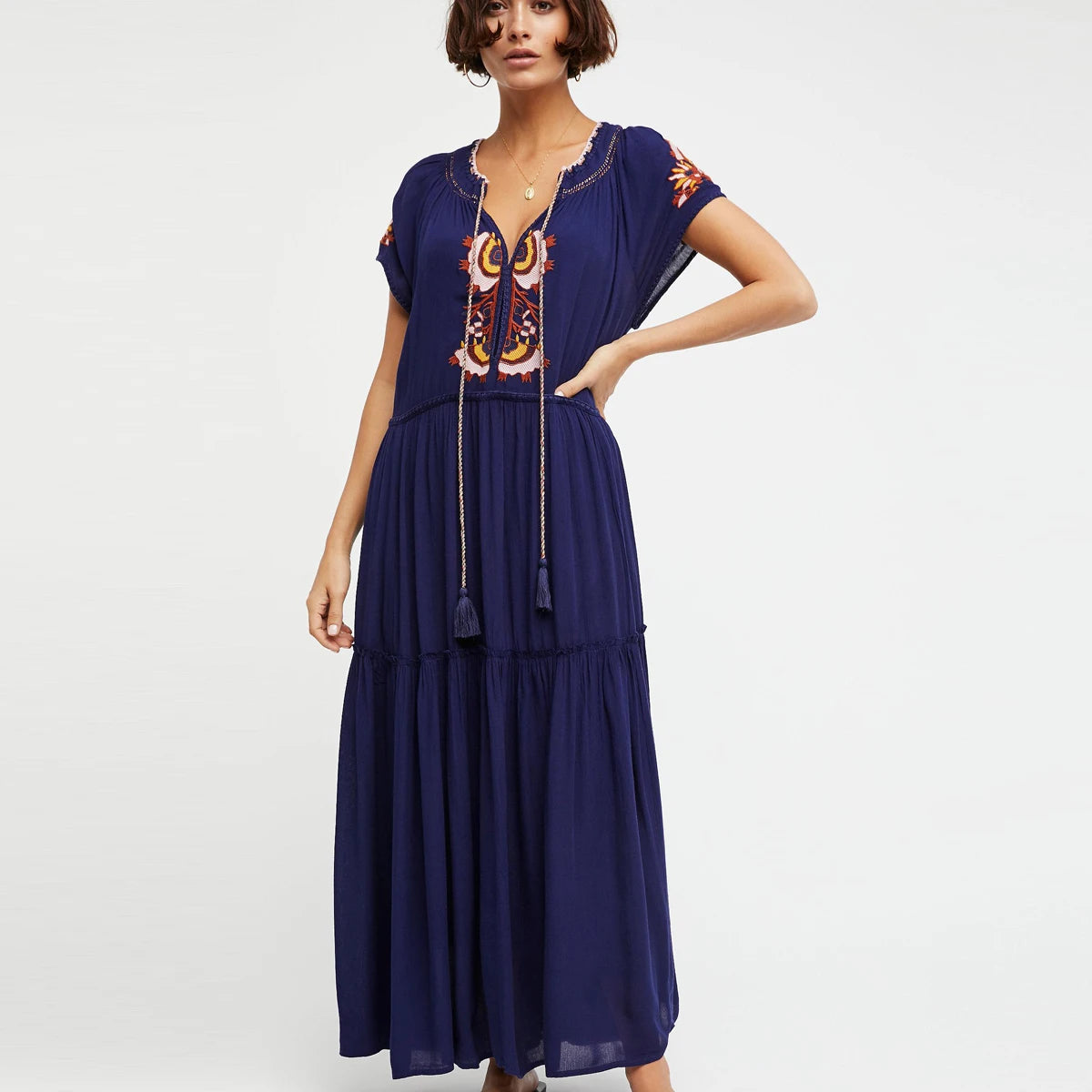 Embroidery V-Neck Tassel Bohemian Maxi Dress