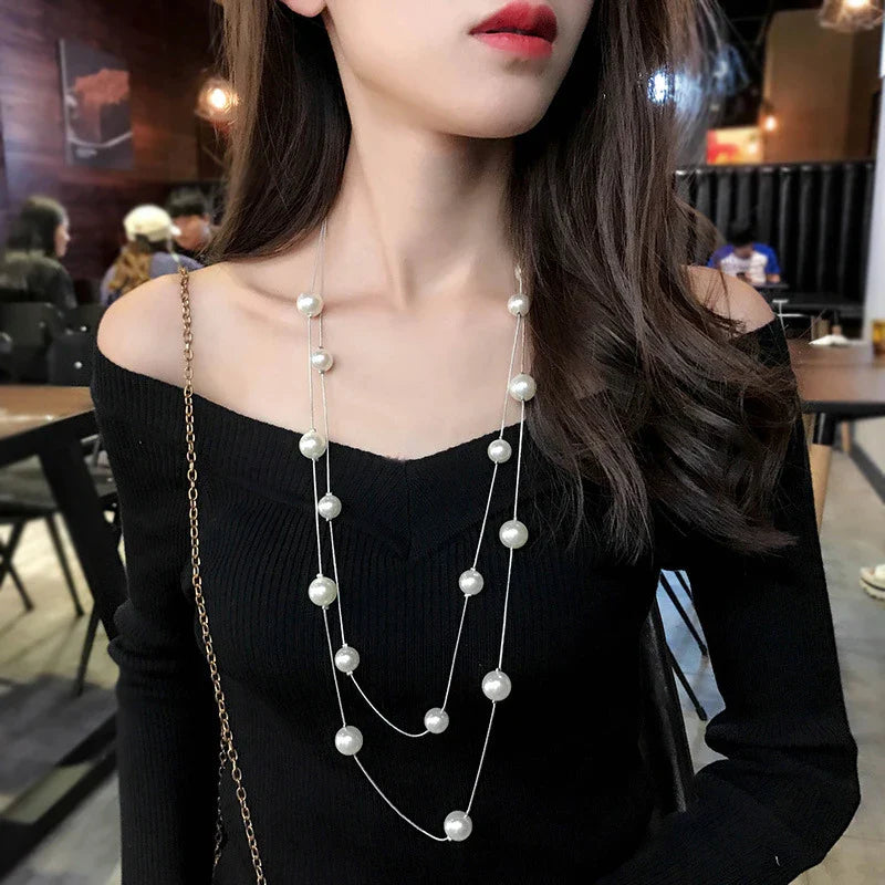 Double Layer Pearl Necklace SweaterChain