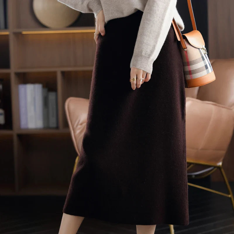 Pure Wool High Waist Long A-Line Skirt