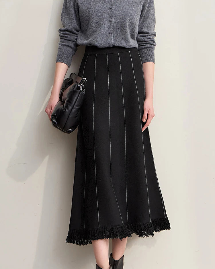 Knitted Striped A-Line Tassel Midi Skirt