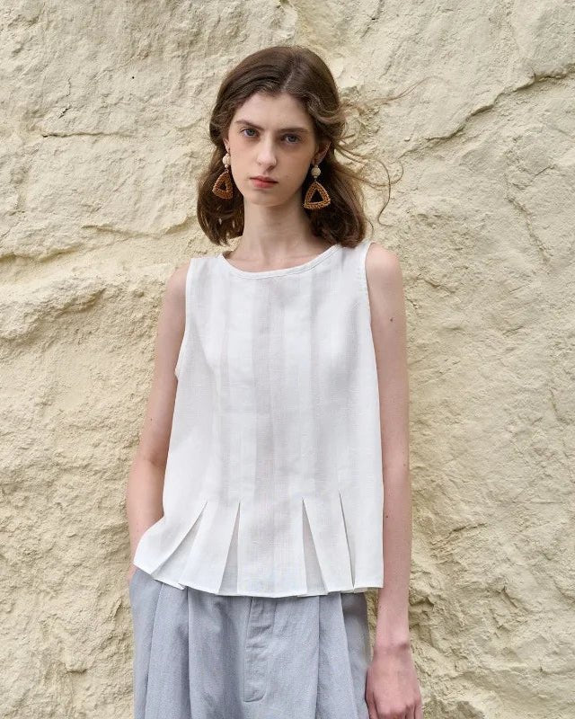 Linen Sleeveless Pleated Fashion Vest