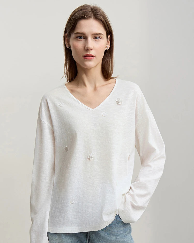 Long-Sleeved V-Neck Loose-Fitting Pullover T-Shirt