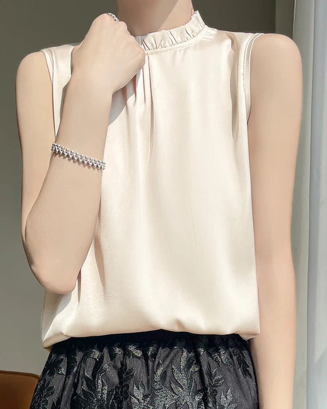 Loose And Casual Satin Vest T-Shirt With Ruffled Collar