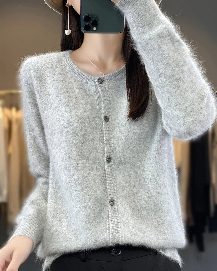 Mink Cashmere Crew Neck Loose Cardigan Sweater