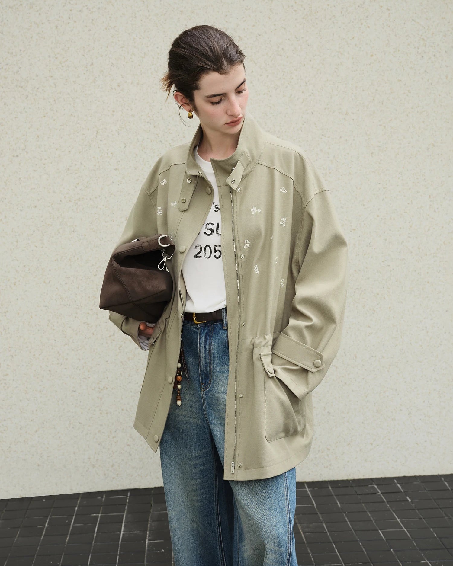 New Embroidered Stand-Up Collar Loose Coat