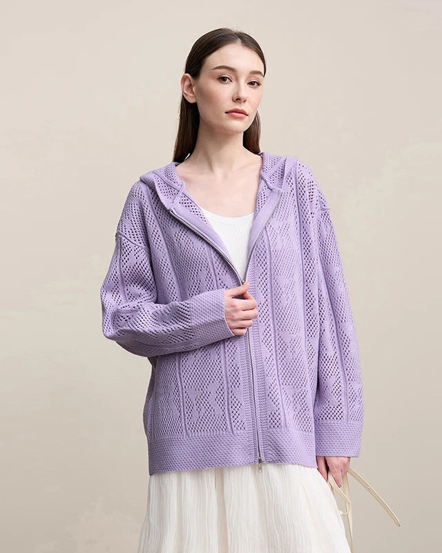 New Hooded Openwork Jacquard Knit Cardigan