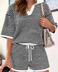 Stylish Striped Short-Sleeved Sweater Set
