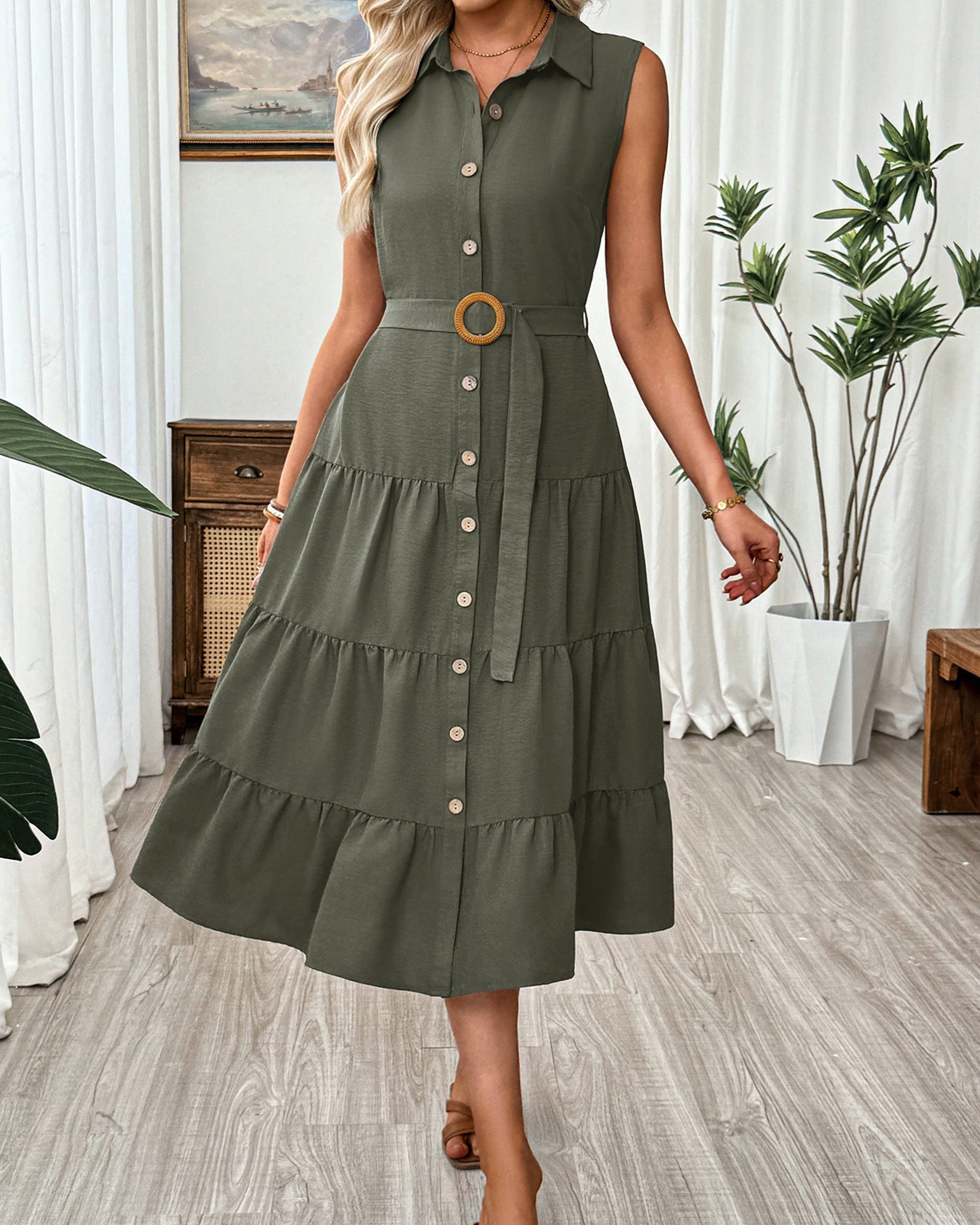 Casual Retro Style Sleeveless Collared Dress