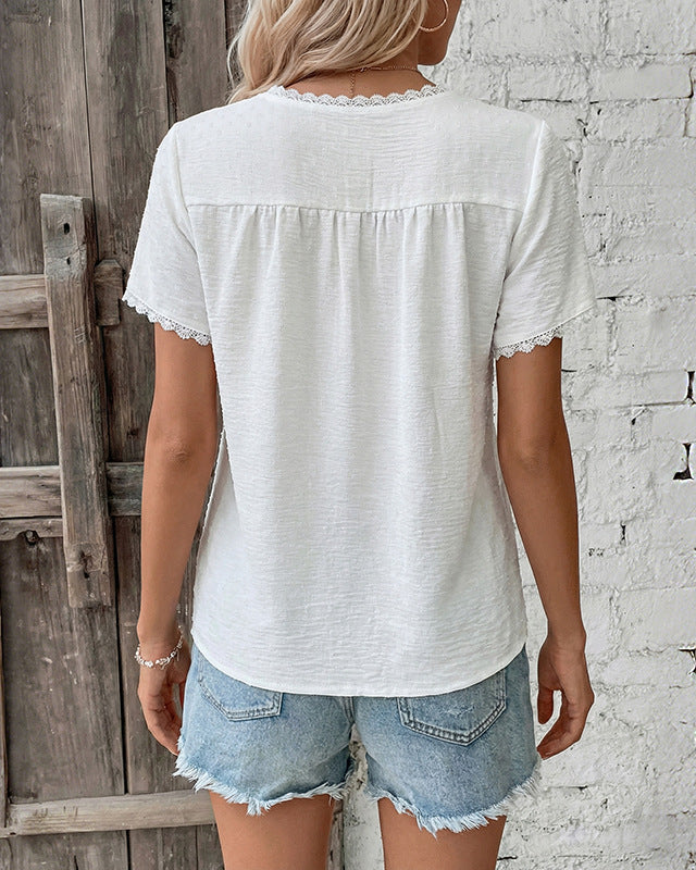 Simple Lace-Trimmed V-Neck Shirt