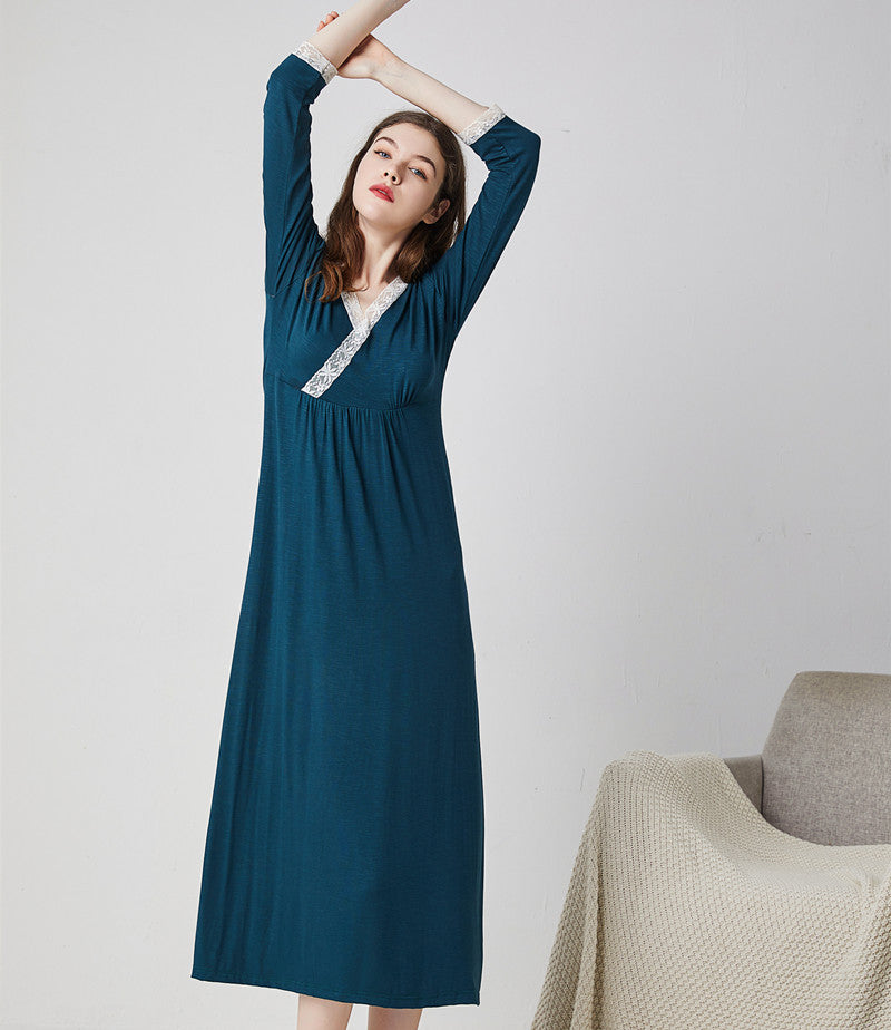 V-Neck Long Sleeve Nightgown Dress