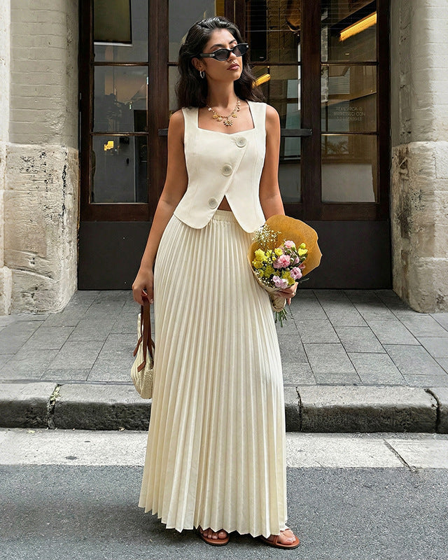 Fashionable Solid Color Sleeveless Dress Set