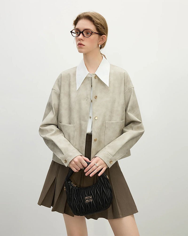 PU Leather Round Neck Short Jackets