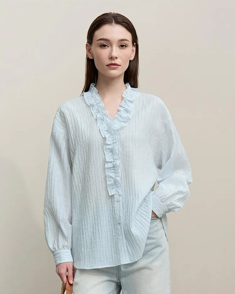 Ruffled V-Neck Long-Sleeved Loose-Fitting Shirt
