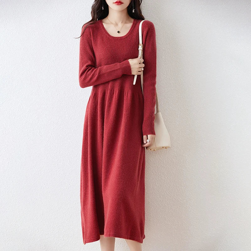 Round Neck Long Sleeves 100% Wool Knitted Dress