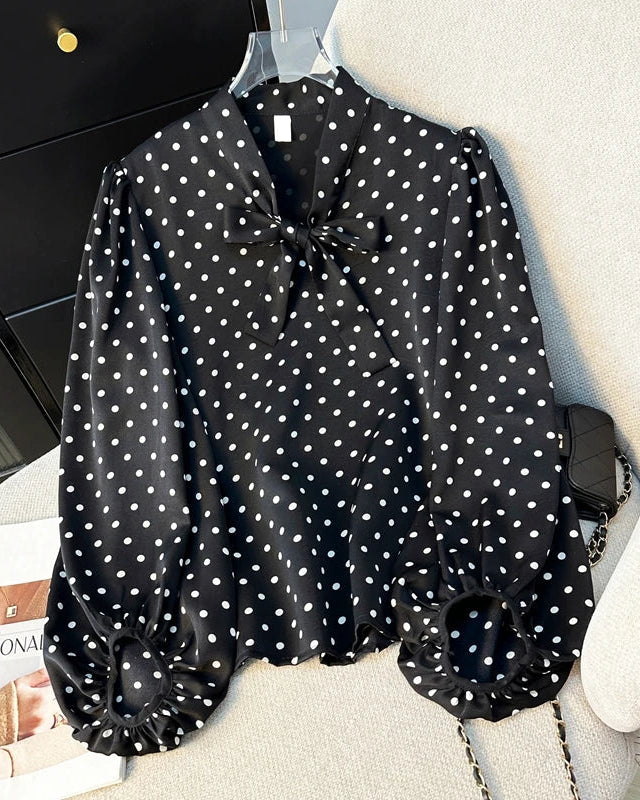 Elegant Plus Size Polka Dot Long Sleeve Shirt