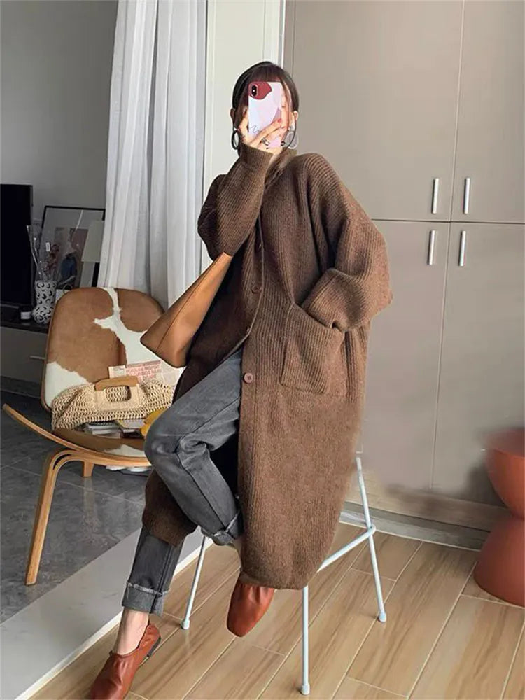 Oversized High-Neck Long Cardigan With Pocket