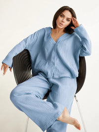 100% Cotton V-Neck Shirt & Wide Leg Pants Lounge Set