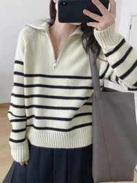 Half Zipper Striped Pure Cashmere Pullover