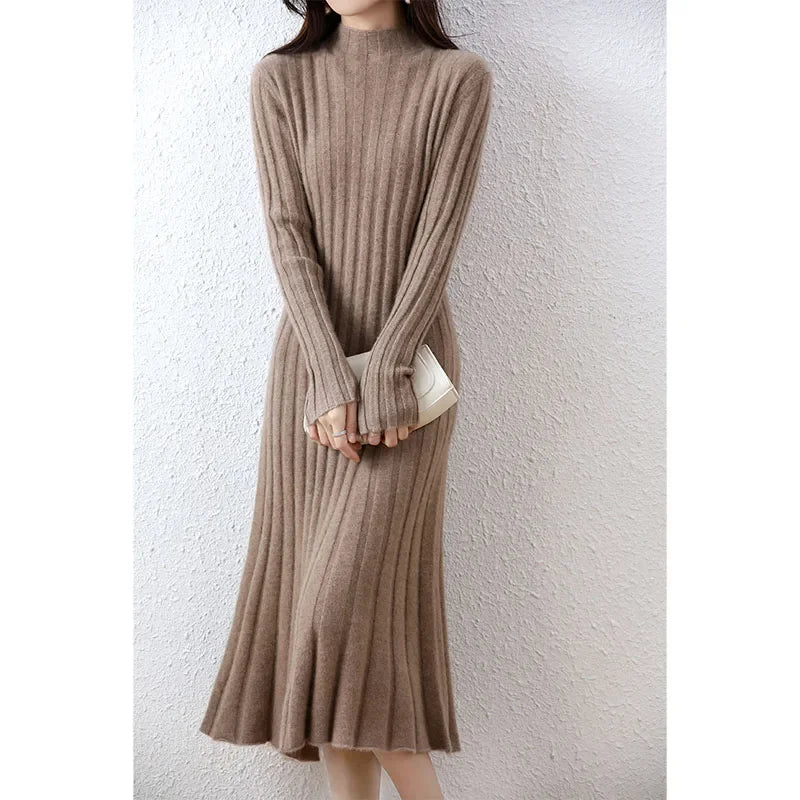 Ribbed Knitted 100% Wool Sweater Dress