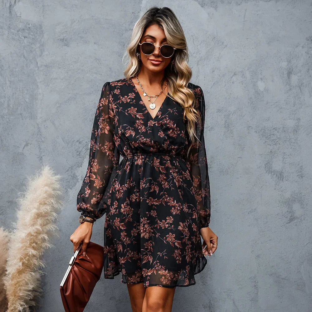 Floral Chiffon Long Sleeve V-neck Mini Dress