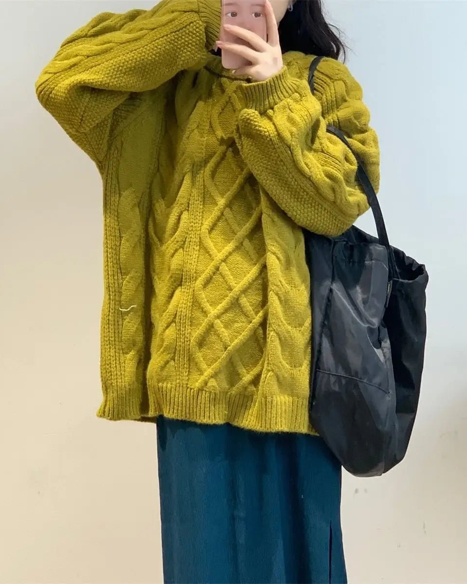 Diamond-Patterned Mid-Length Oversized Sweater